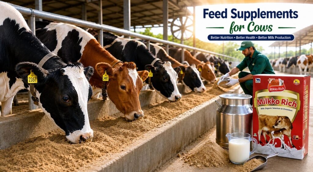 Feed supplements and vitamins for dairy cows supporting milk production and cattle health