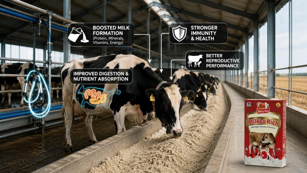 Dairy cows receiving balanced cattle feed supplements for high milk yield and better nutrition