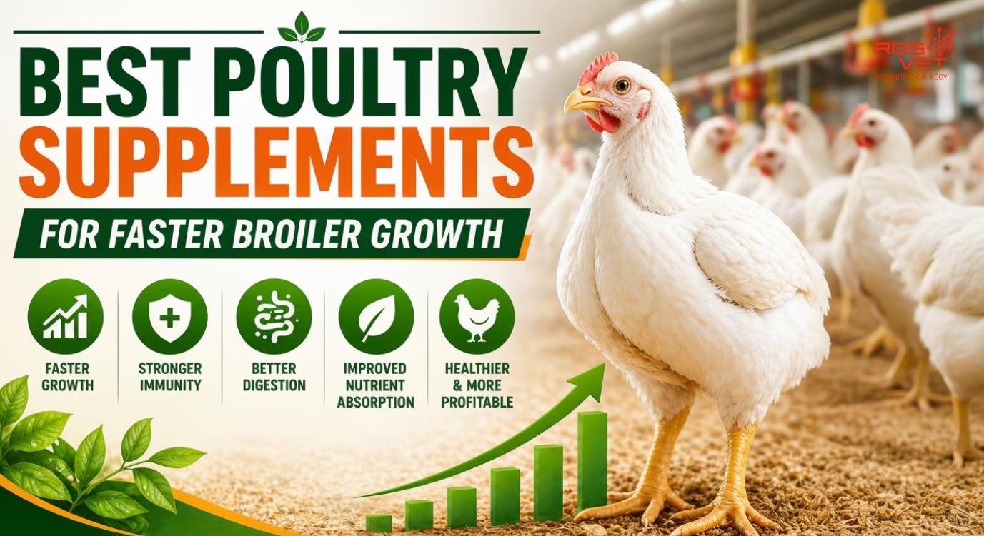 Broiler chickens fed with supplements for faster growth and higher weight gain
