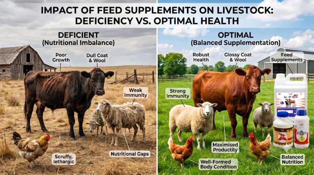 Feed supplements for cattle, poultry, goats, and other farm animals