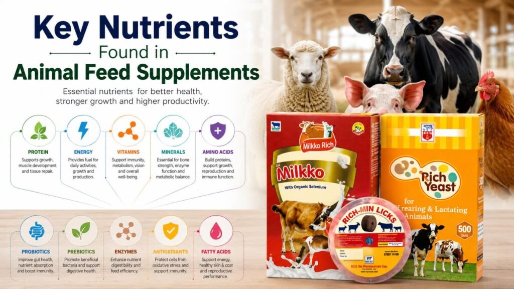Essential vitamins, minerals, proteins, and nutrients in animal feed supplements