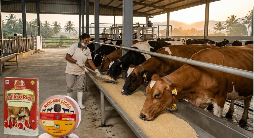 Healthy dairy cattle consuming RGS VET supplements for better milk yield, health, and productivity