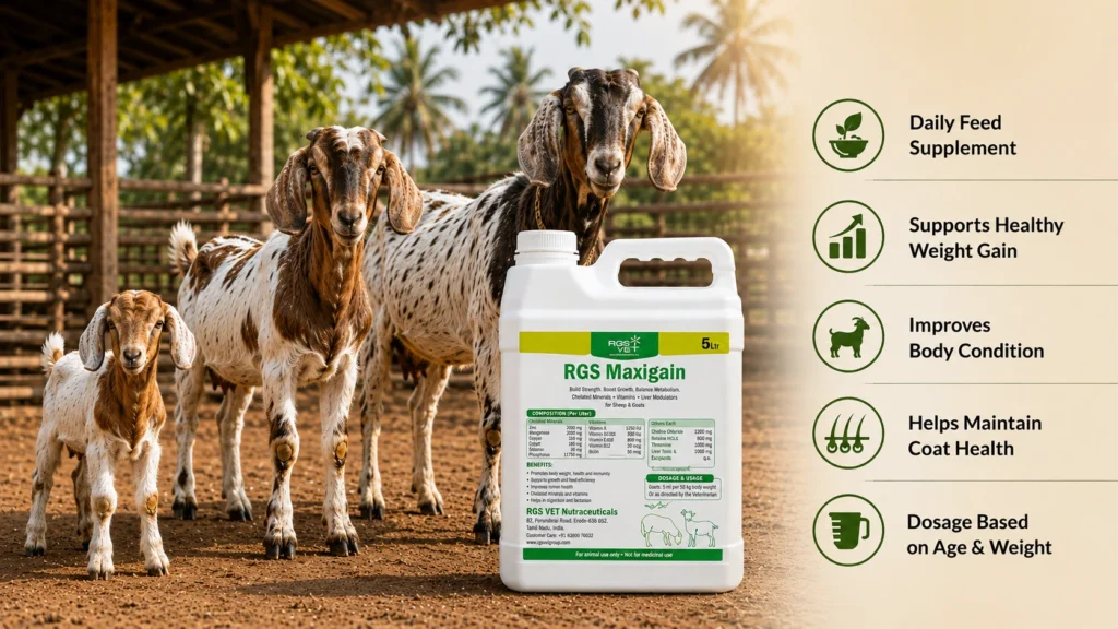 Goat Weight Gain and Immunity Supplement dosage and usage guide for RGS Maxigain